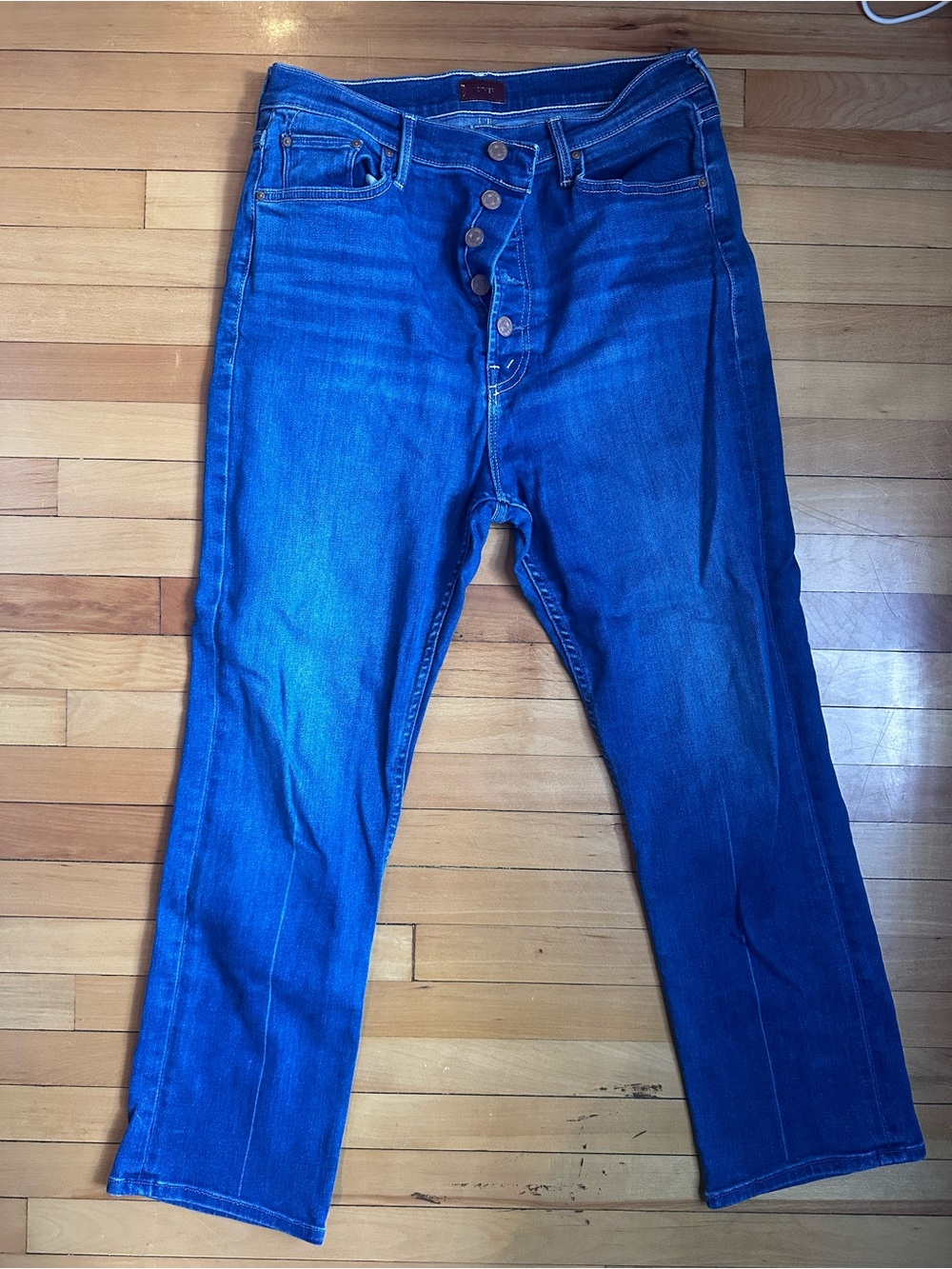 MOTHER Straight-Leg Jeans in Bright Blue with Button Fly